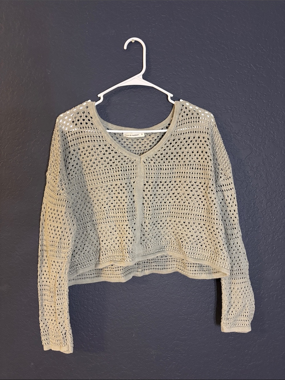 moon & madison Open-Knit V-Neck Sweater in Sage